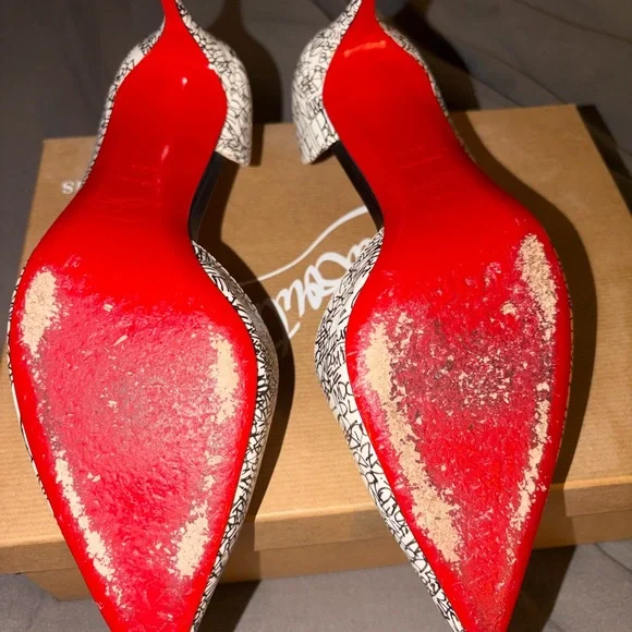 Christian Louboutin White and Black Script Pointed-Toe Pumps - Picture 7 of 10